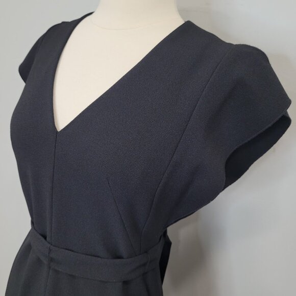 Eliza J Black Sheath Dress Flutter Sleeve Knee Length V-Neck Belted Business 2 - Picture 4 of 14